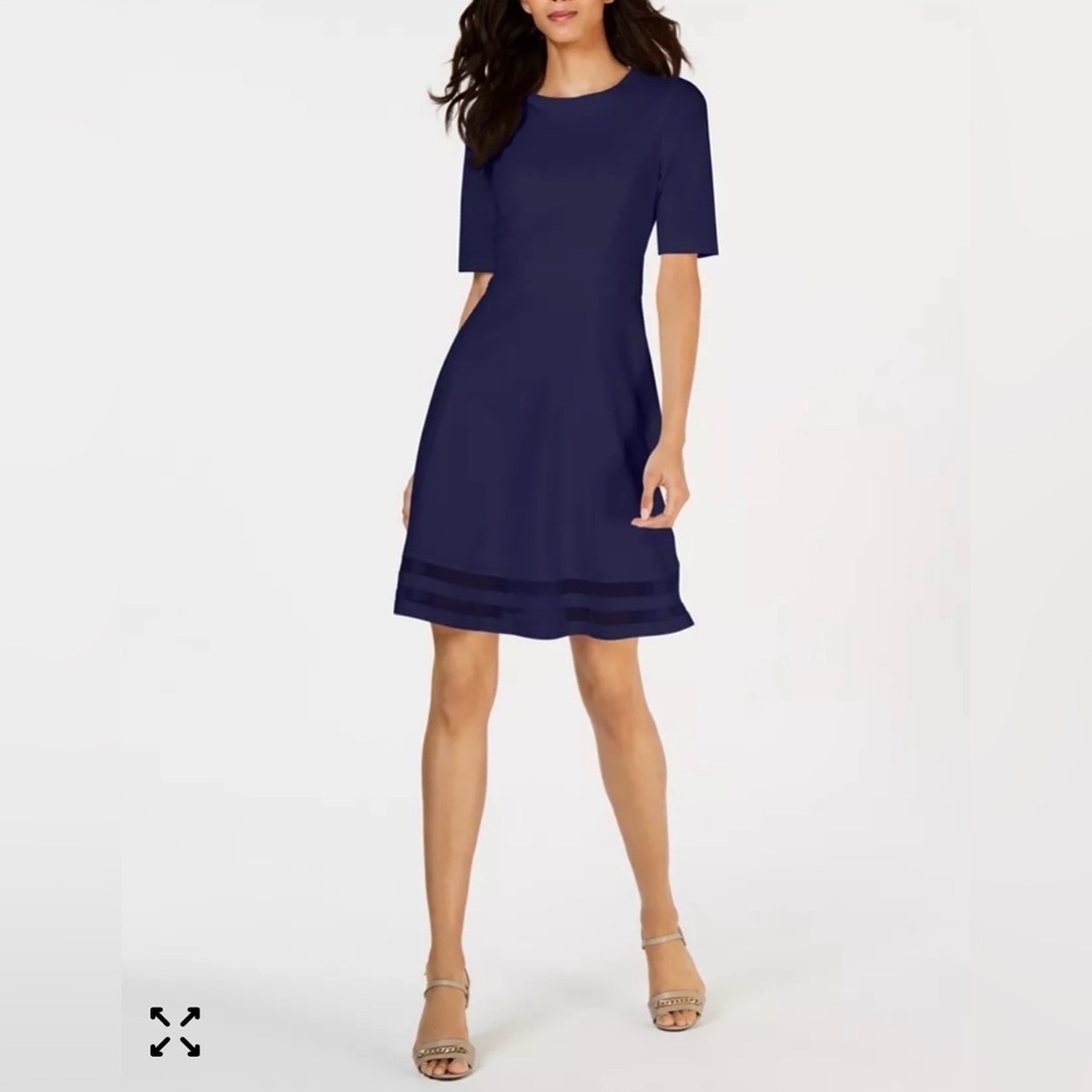 Calvin Klein Elegant Navy Midi Dress with mesh stripes sz 6